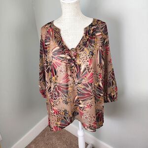 Elle Women’s Long Sleeve V Neck Sheer Top Blouse Size Large